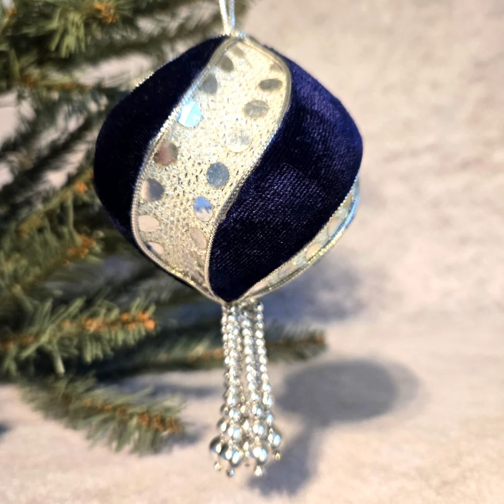 VTG Navy Blue Velvet Pearl Sequin Ornaments Lot of 2, Jeweled Star/Teardrop Ball